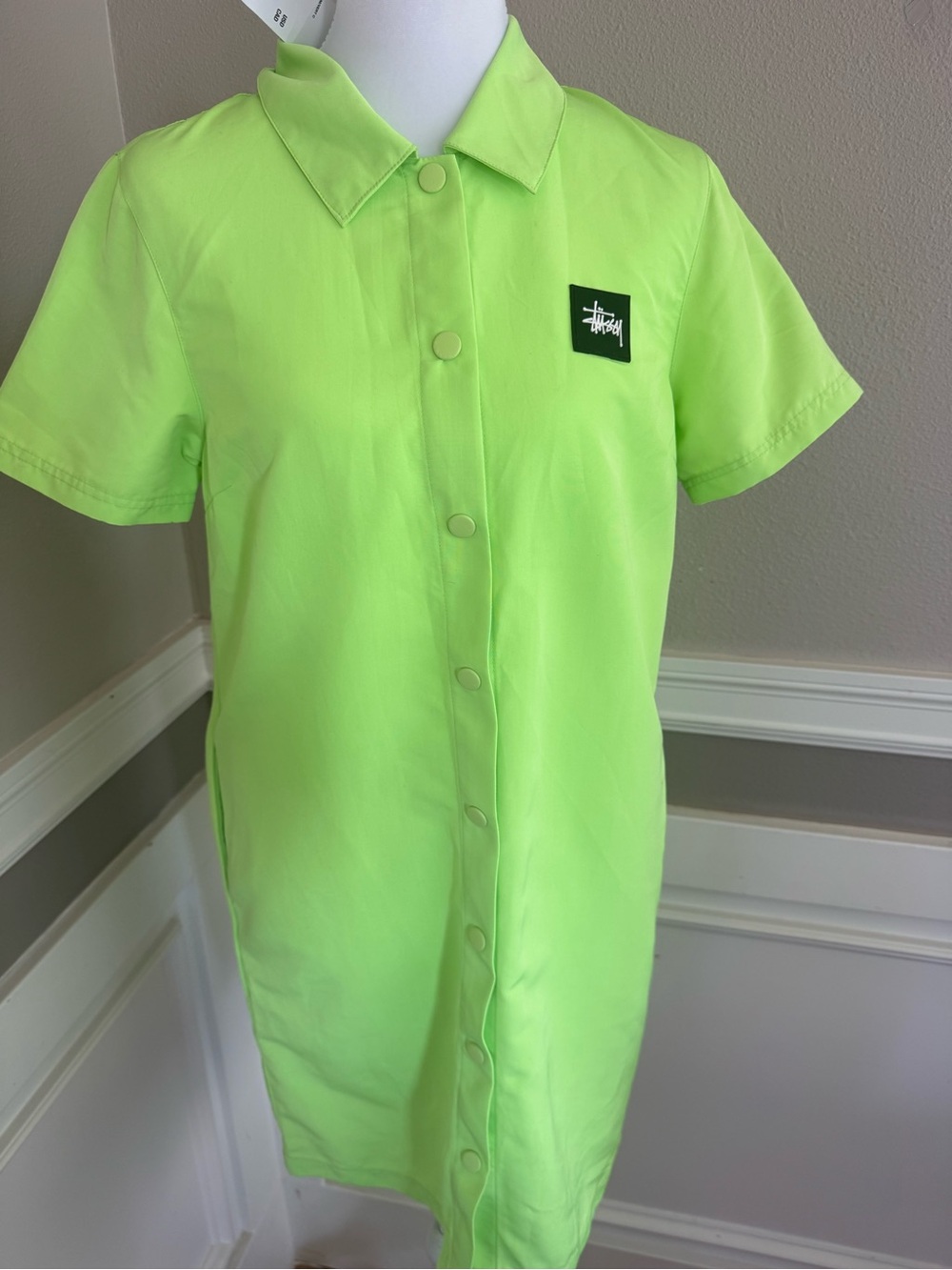 Stussy Neon Lime Green Button-Front Shirt Dress